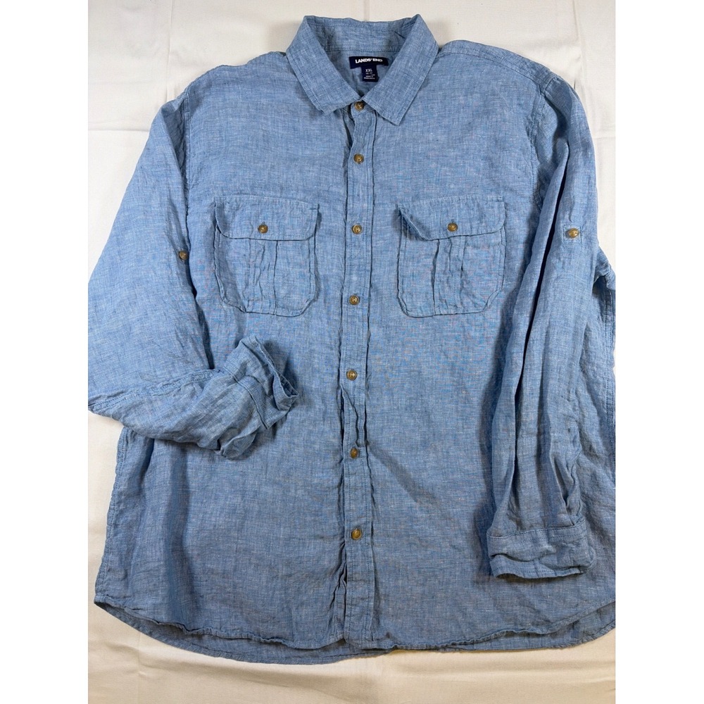 Lands End Mens XXL Blue 100% Linen Long Sleeve Roll Tab Button Down Shirt 516063